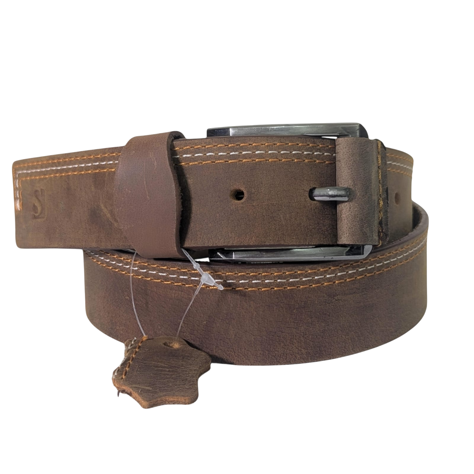 Contrast Stitch Brown Cowhide Leather Belt