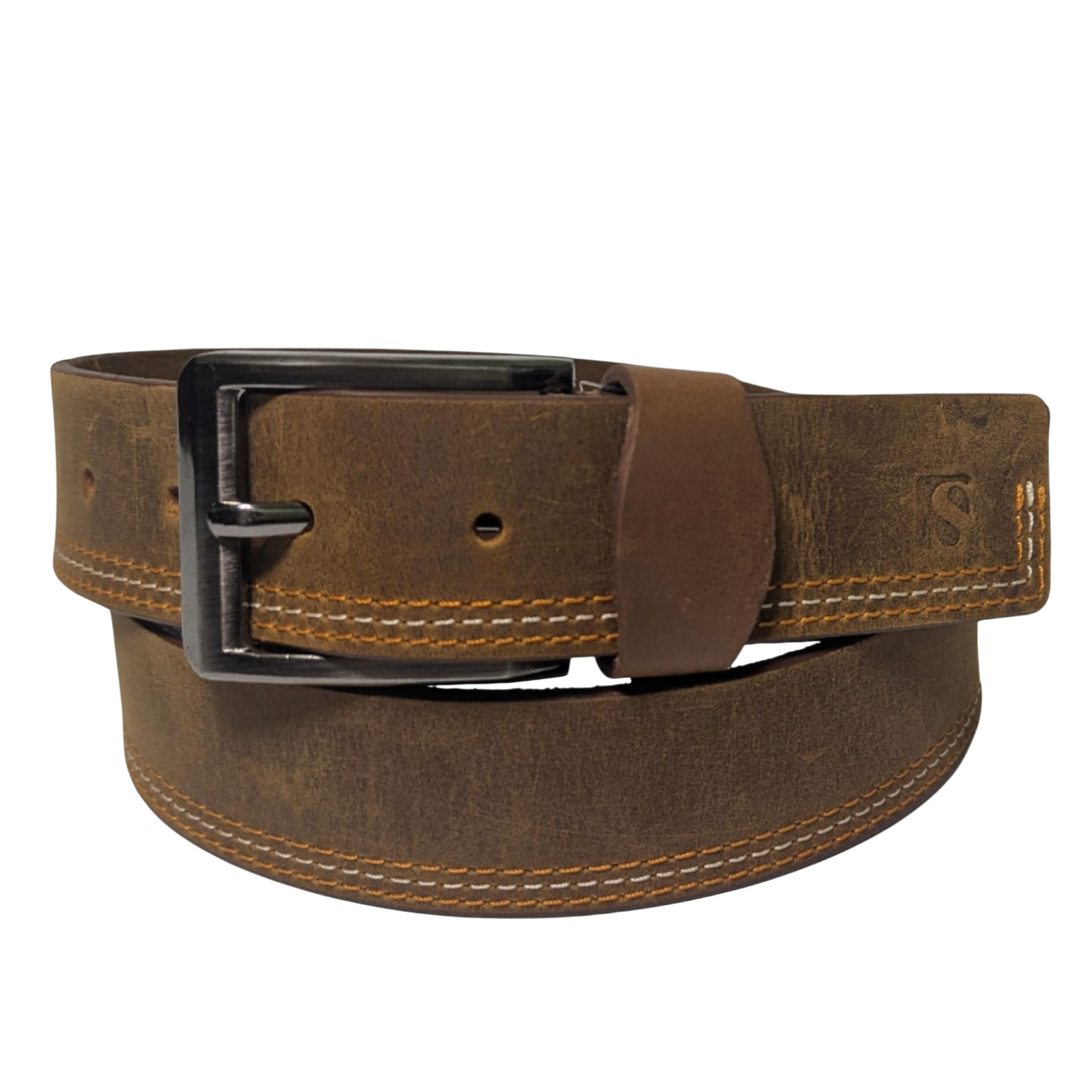 Distressed Brown Cowhide Leather Belt - Modern Stitch Detail