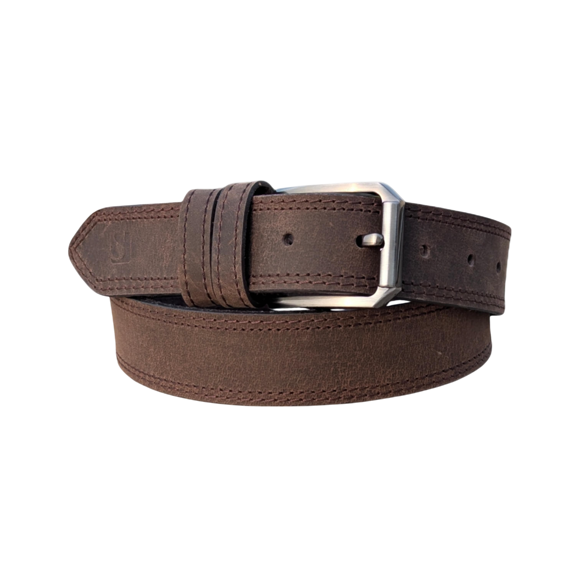 Dark Brown Cowhide Leather Belt - Double Stitch & Silver Buckle