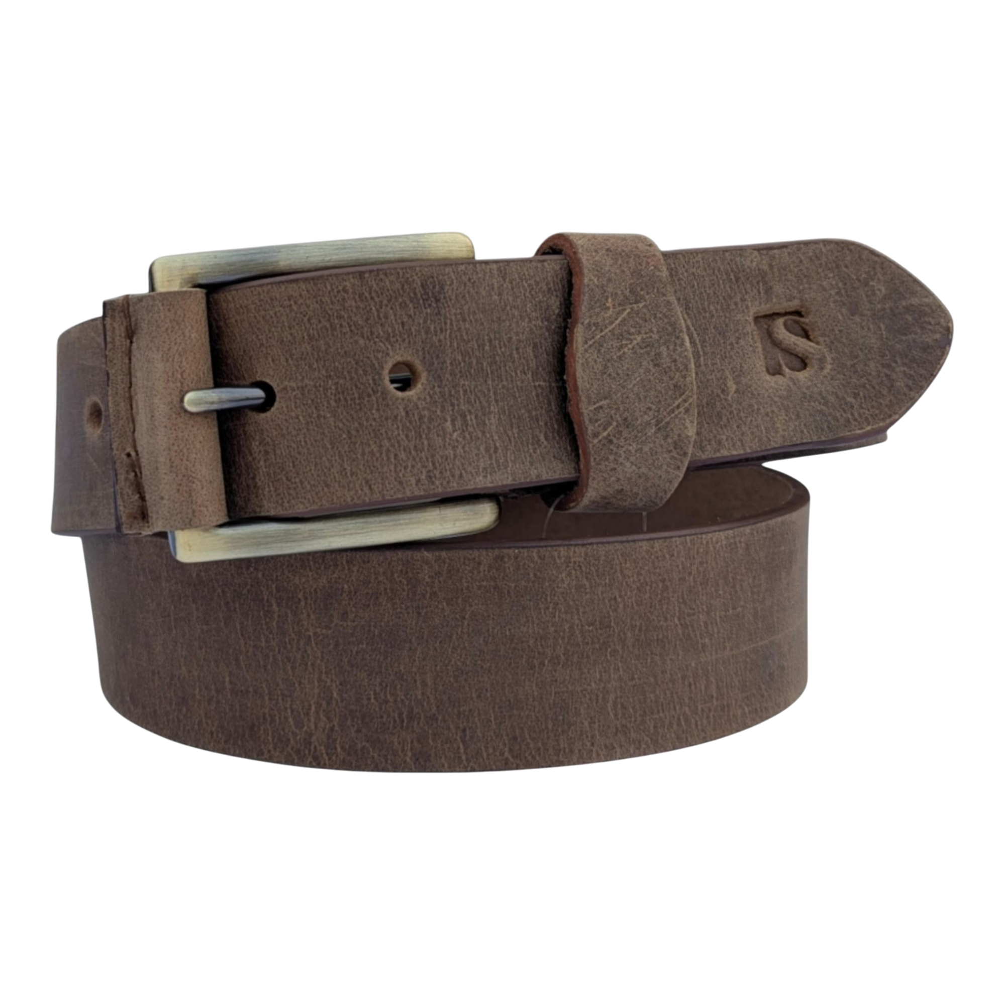 Patina Brown Cowhide Leather Belt - Antique Brass Buckle