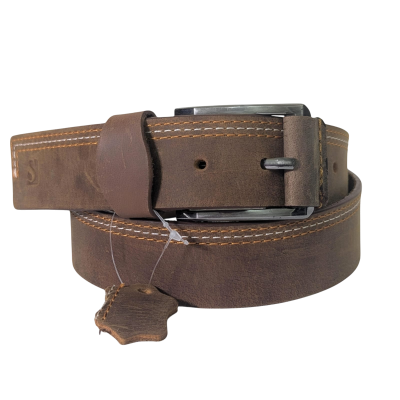 Contrast Stitch Brown Cowhide Leather Belt