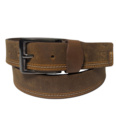 Distressed Brown Cowhide Leather Belt - Modern Stitch Detail