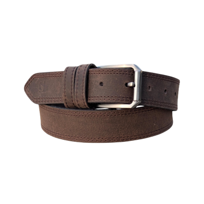 Dark Brown Cowhide Leather Belt - Double Stitch & Silver Buckle