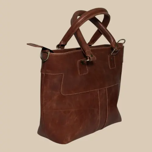 Leather tote bag styled for work and everyday carry
