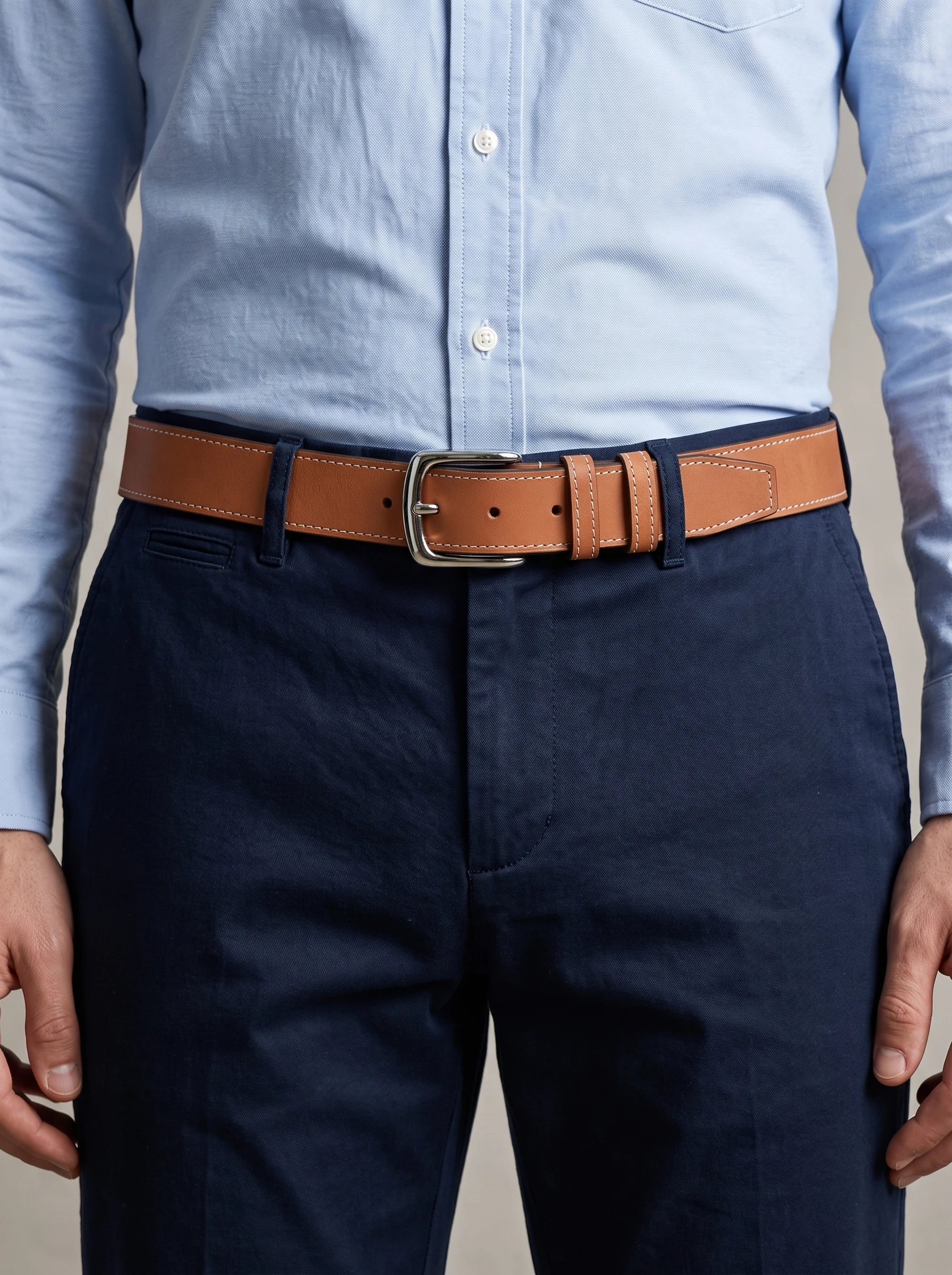 Men's Contrast Stitch Leather Belt (Image 4)
