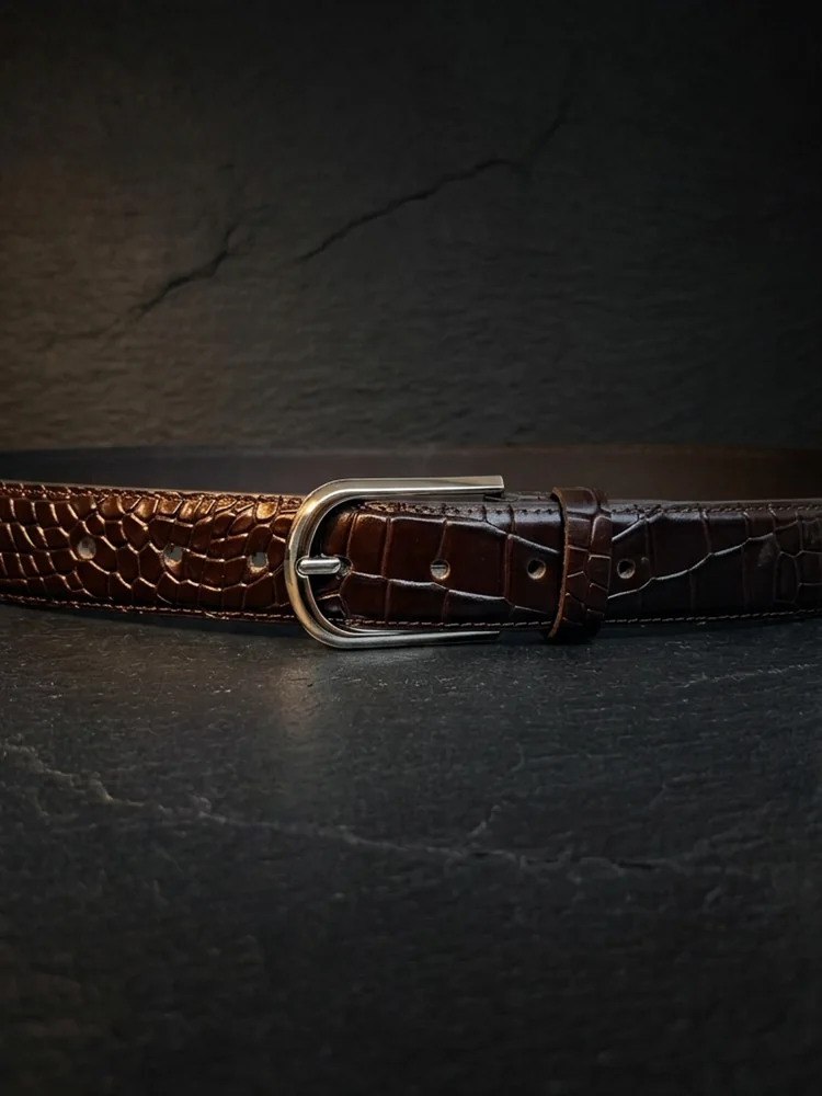 Men's Crocodile Embossed Leather Belt – Arched Silver Buckle