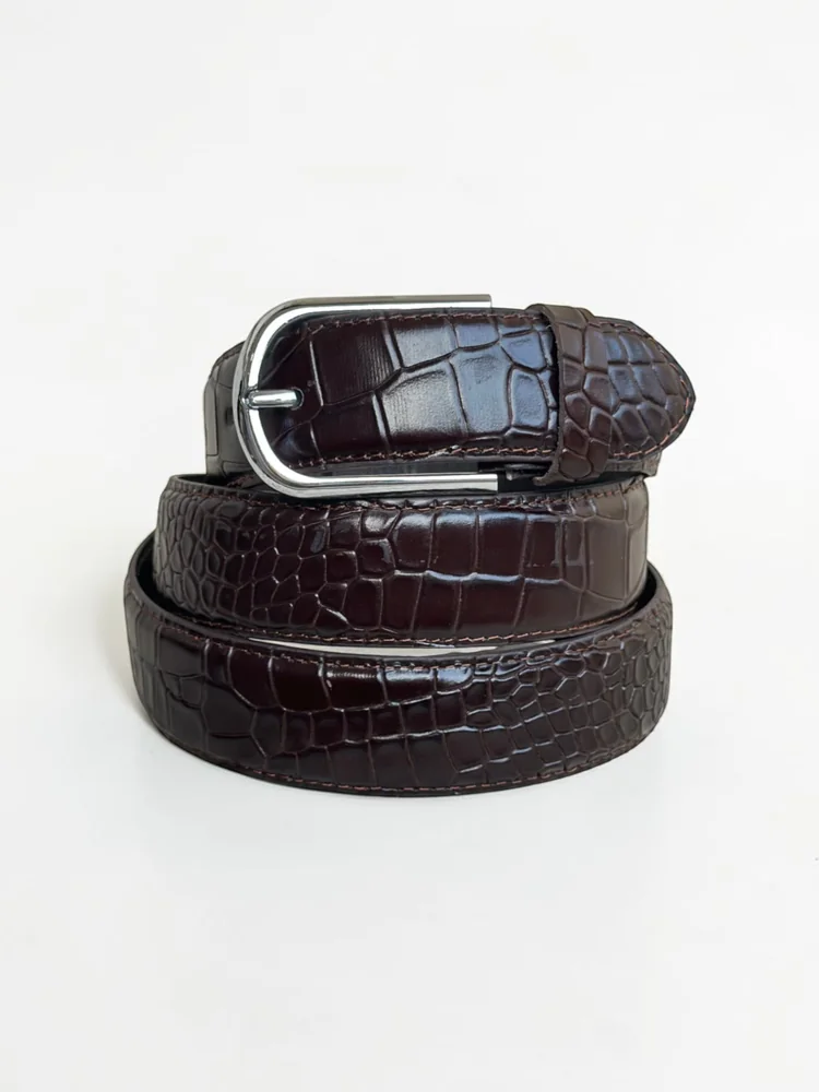 Men's Crocodile Embossed Leather Belt – Arched Silver Buckle (Image 5)