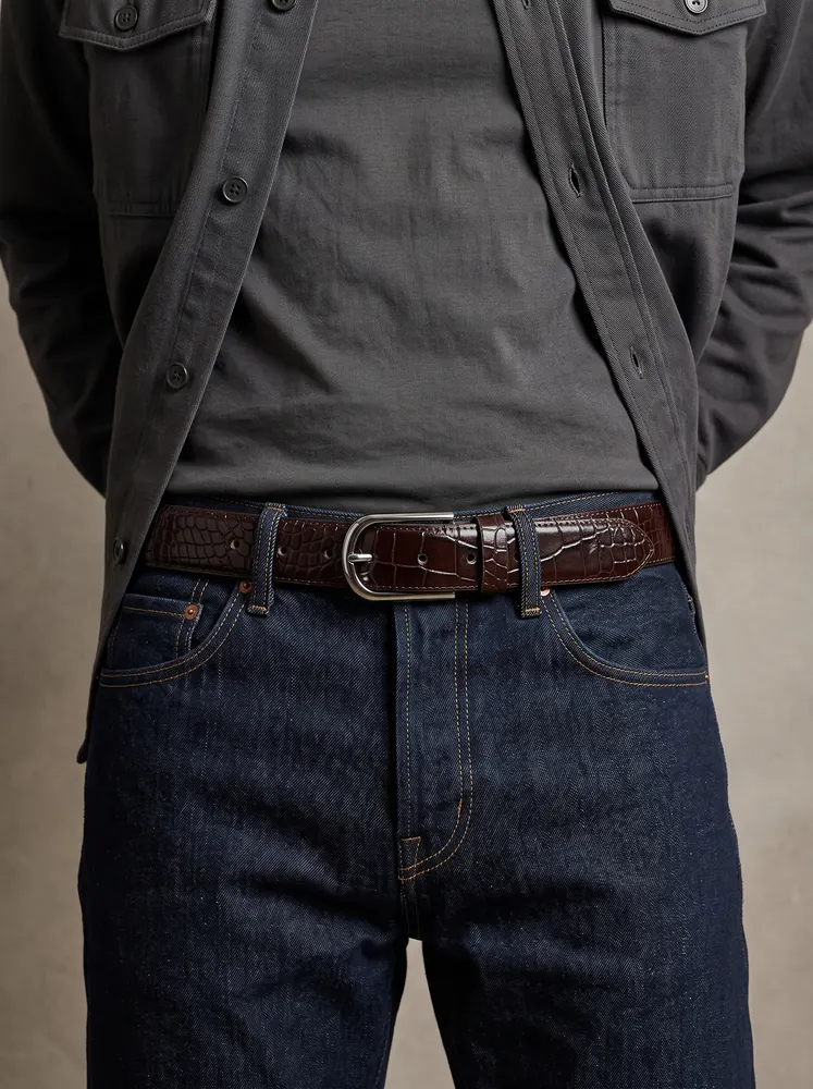Men's Crocodile Embossed Leather Belt – Arched Silver Buckle (Image 2)