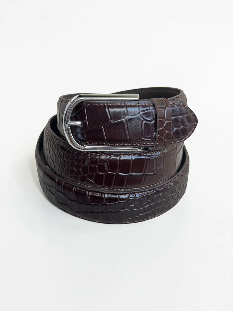Men's Crocodile Embossed Leather Belt – Arched Silver Buckle (Image 6)