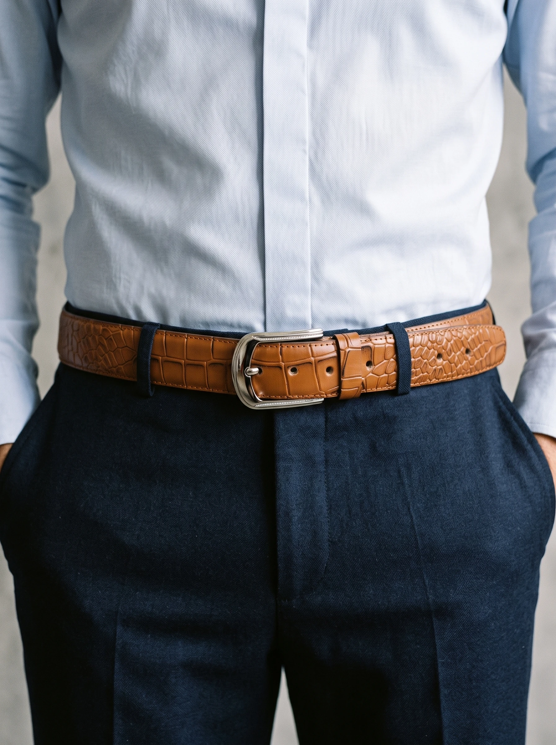 Men's Crocodile Embossed Leather Belt – Arched Silver Buckle (Image 2)