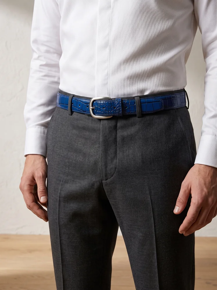 Men's Crocodile Embossed Leather Belt – Arched Silver Buckle (Image 2)