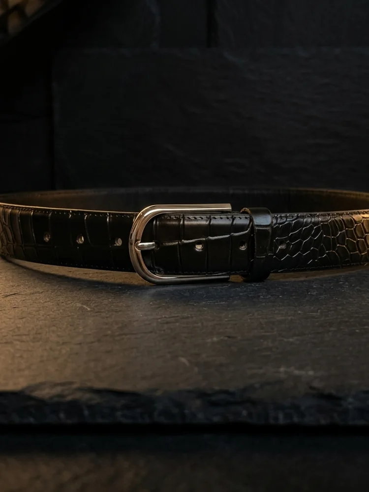 Men's Crocodile Embossed Leather Belt – Arched Silver Buckle
