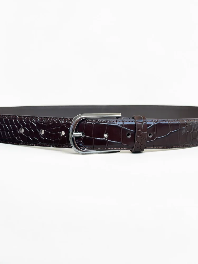 Men's Crocodile Embossed Leather Belt – Arched Silver Buckle (Image 3)