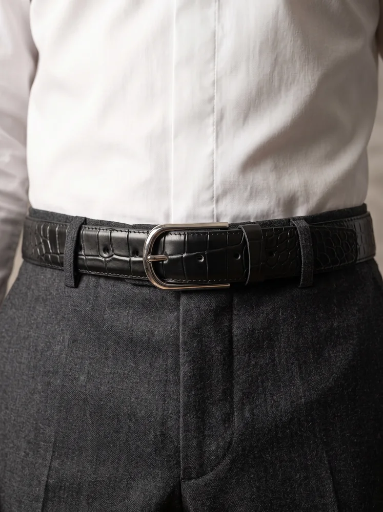 Men's Crocodile Embossed Leather Belt – Arched Silver Buckle (Image 2)