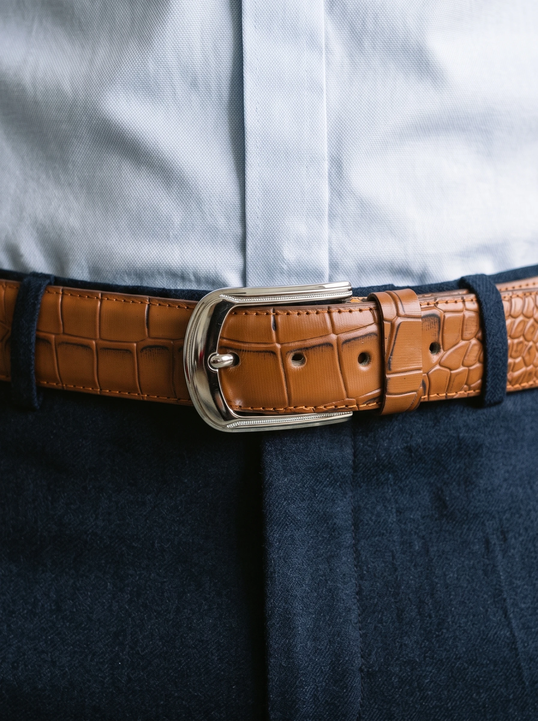 Men's Crocodile Embossed Leather Belt – Arched Silver Buckle (Image 3)