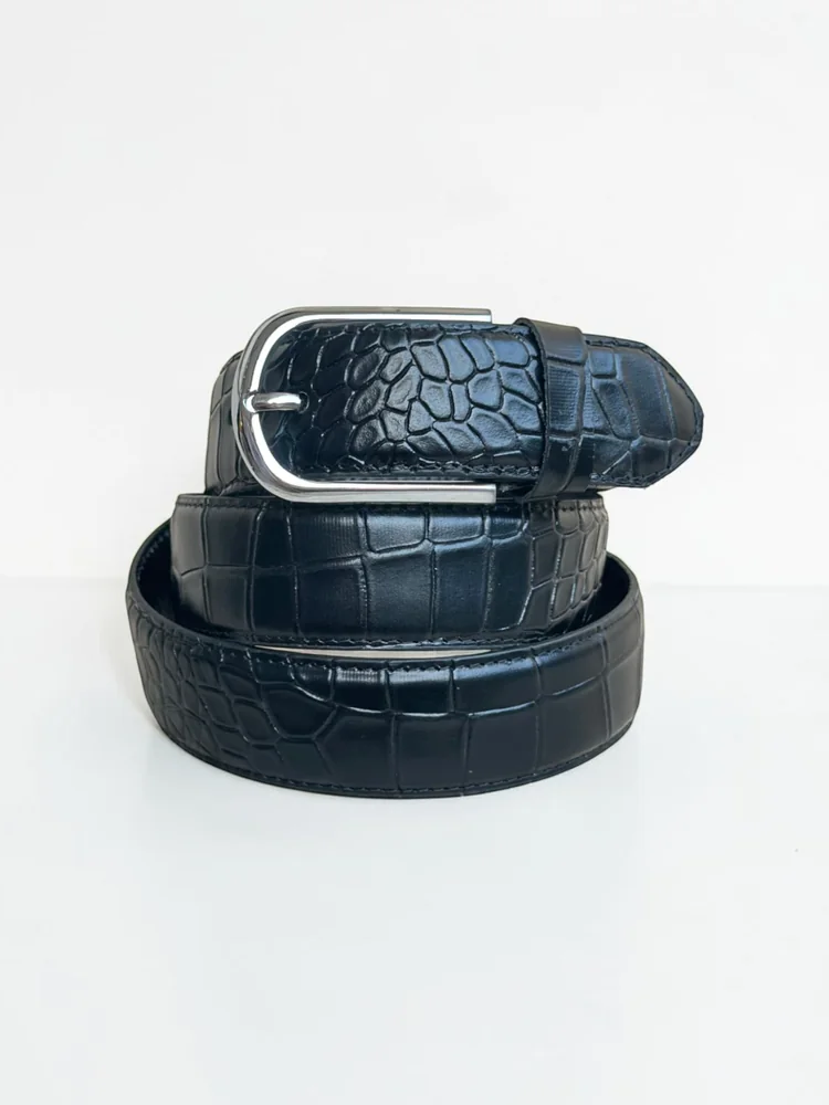 Men's Crocodile Embossed Leather Belt – Arched Silver Buckle (Image 5)