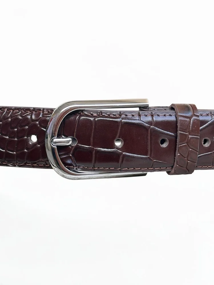 Men's Crocodile Embossed Leather Belt – Arched Silver Buckle (Image 4)