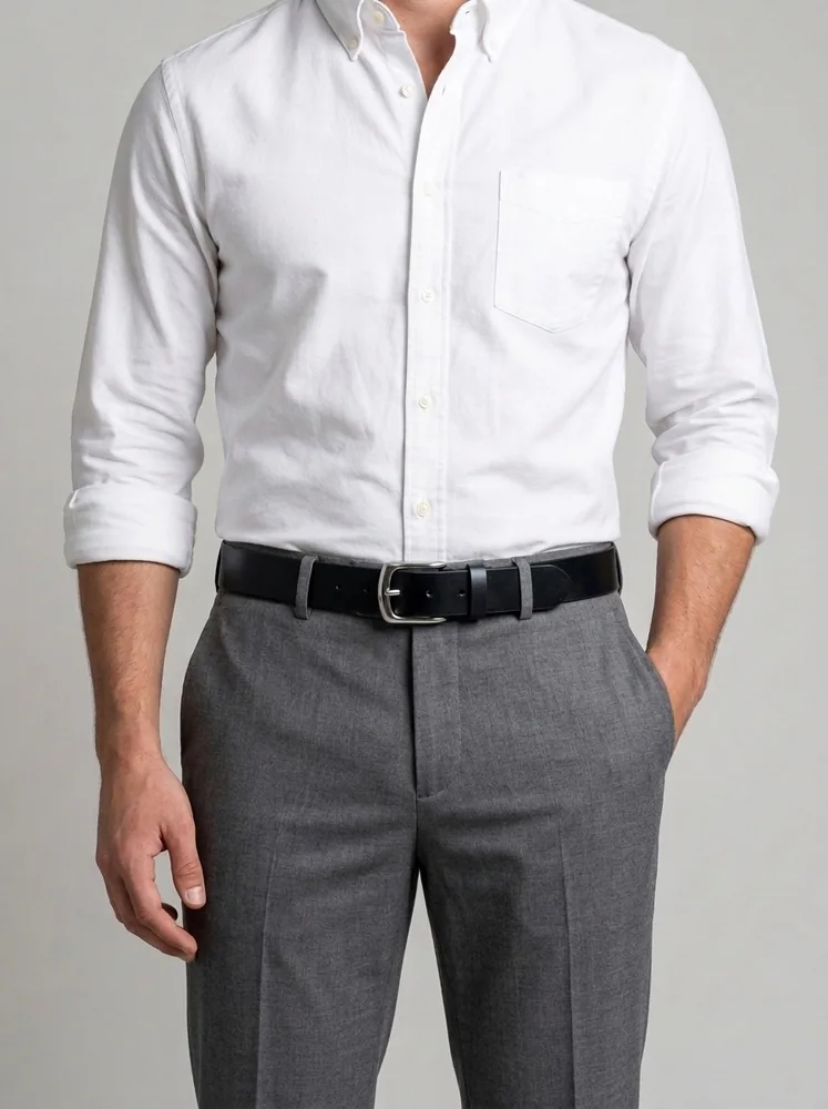 Men's Slim Dress Leather Belt – Polished Silver Buckle (Image 2)