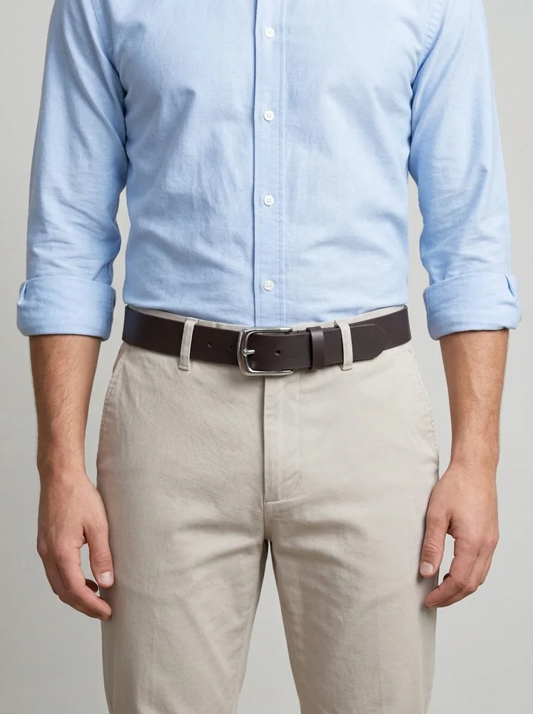 Men's Slim Dress Leather Belt – Polished Silver Buckle (Image 3)