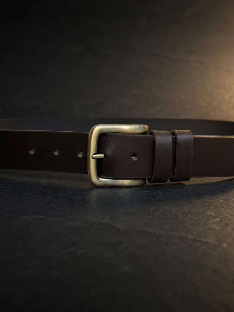 Men's Heavy-Duty Genuine Full-Grain Leather Belt – Double Loop & Brass Buckle
