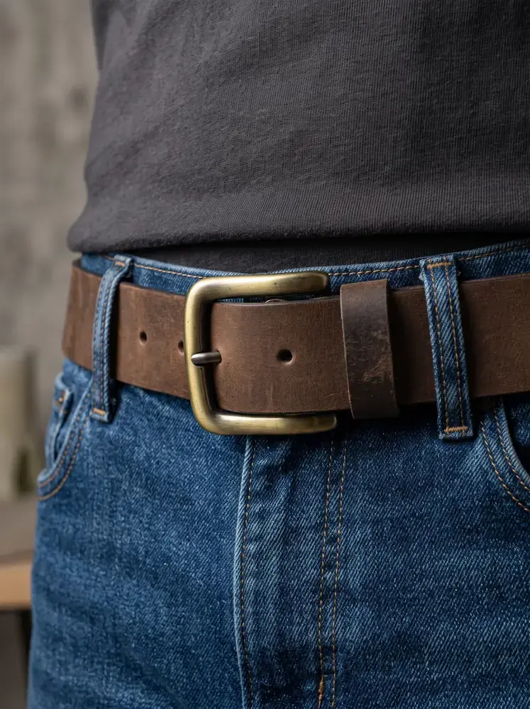 Men's Heavy-Duty Genuine Full-Grain Leather Belt – Double Loop & Brass Buckle (Image 2)