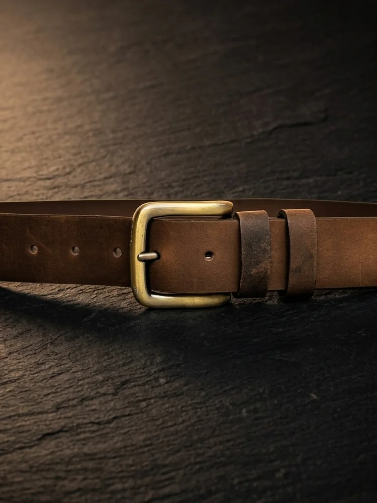 Men's Heavy-Duty Genuine Full-Grain Leather Belt – Double Loop & Brass Buckle