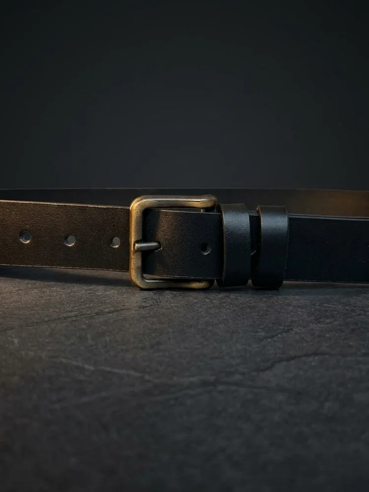 Men's Heavy-Duty Genuine Full-Grain Leather Belt – Double Loop & Brass Buckle