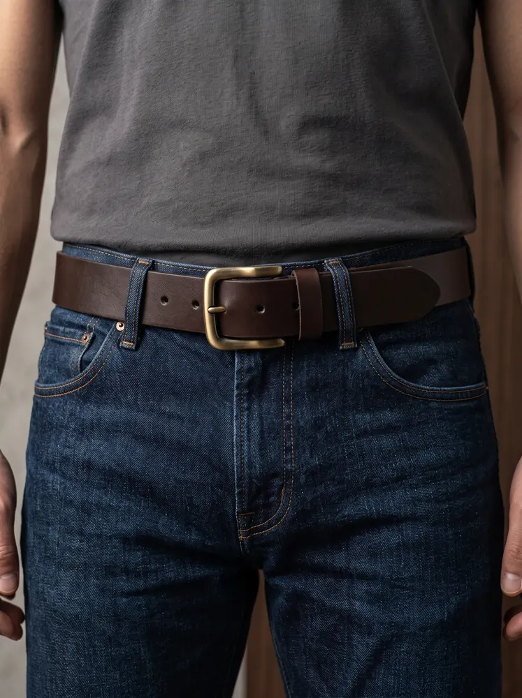 Men's Heavy-Duty Genuine Full-Grain Leather Belt – Double Loop & Brass Buckle (Image 2)