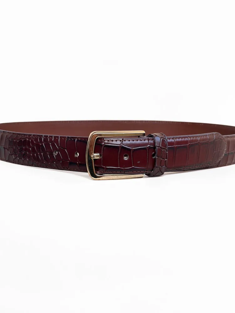 Men's Crocodile Embossed Leather Belt – Gold Buckle (Image 5)
