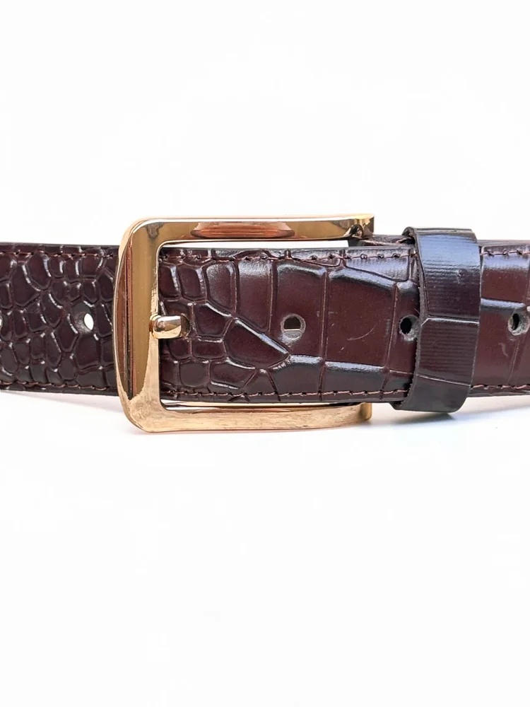 Men's Crocodile Embossed Leather Belt – Gold Buckle (Image 12)