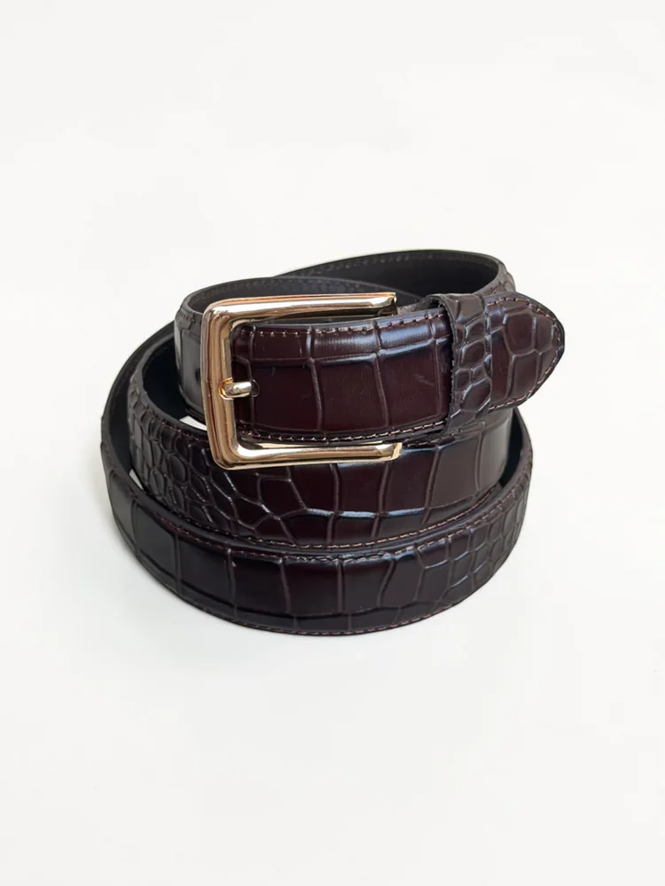 Men's Crocodile Embossed Leather Belt – Gold Buckle (Image 10)