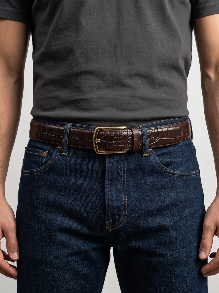 Men's Crocodile Embossed Leather Belt – Gold Buckle (Image 2)