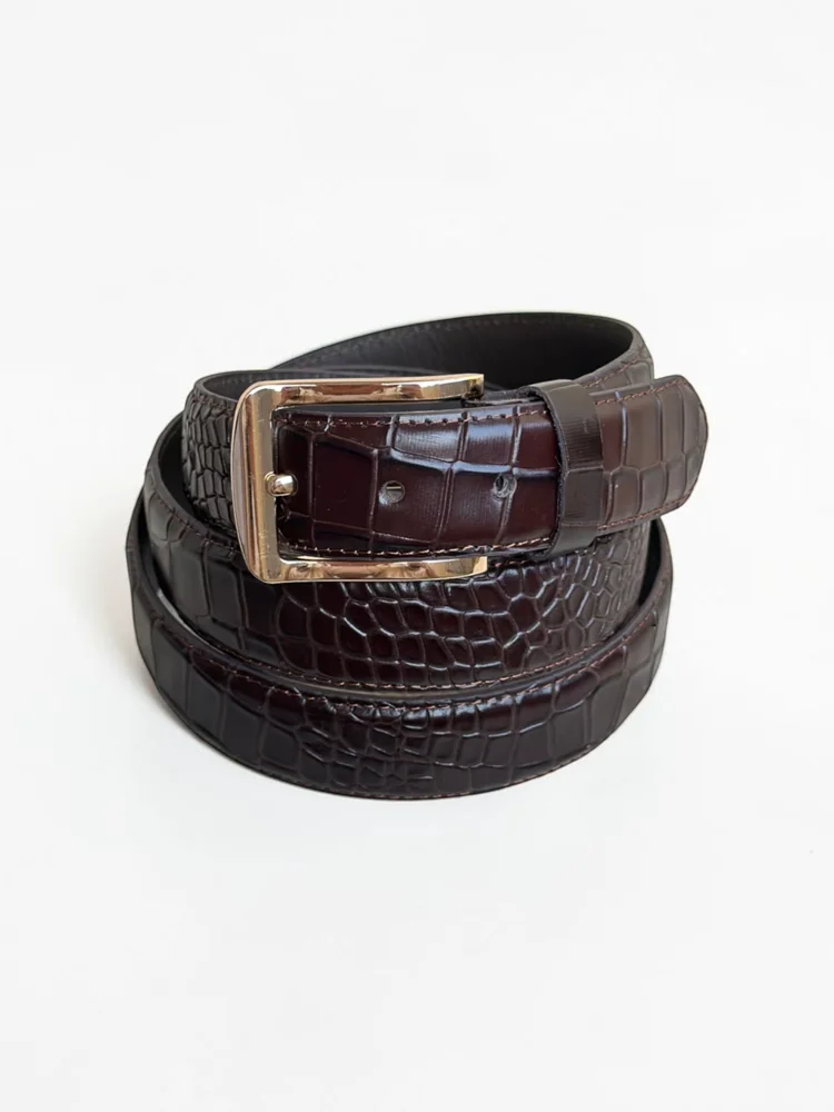 Men's Crocodile Embossed Leather Belt – Gold Buckle (Image 14)