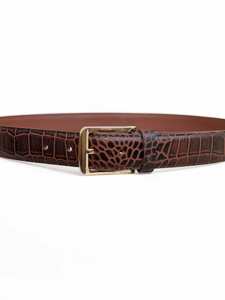 Men's Crocodile Embossed Leather Belt – Gold Buckle (Image 5)