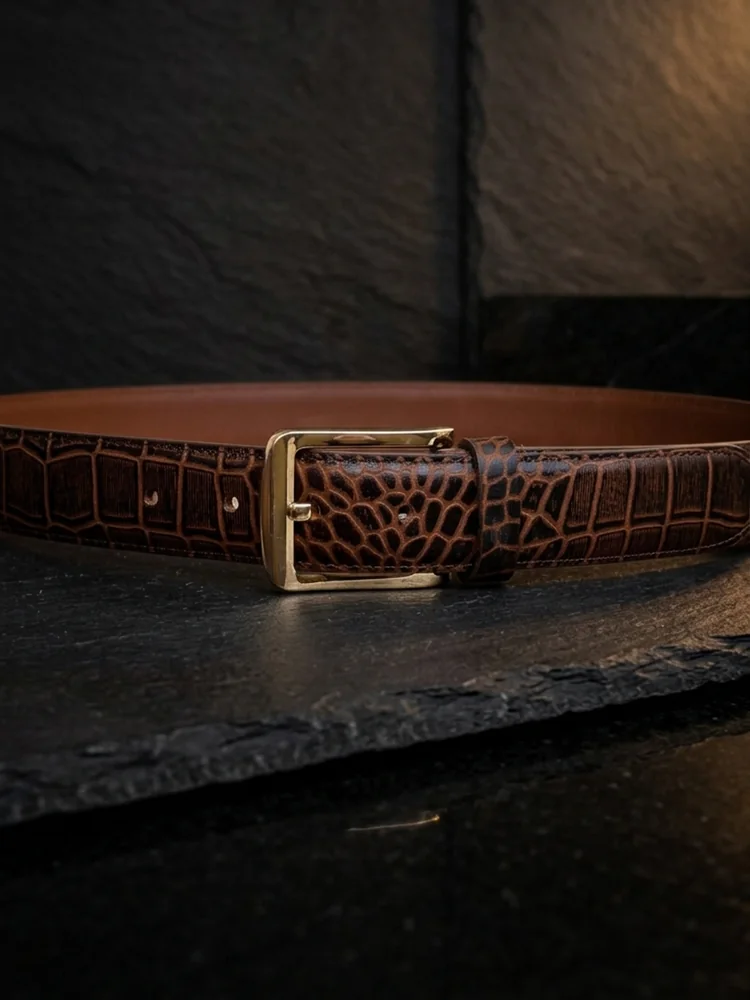 Men's Crocodile Embossed Leather Belt – Gold Buckle