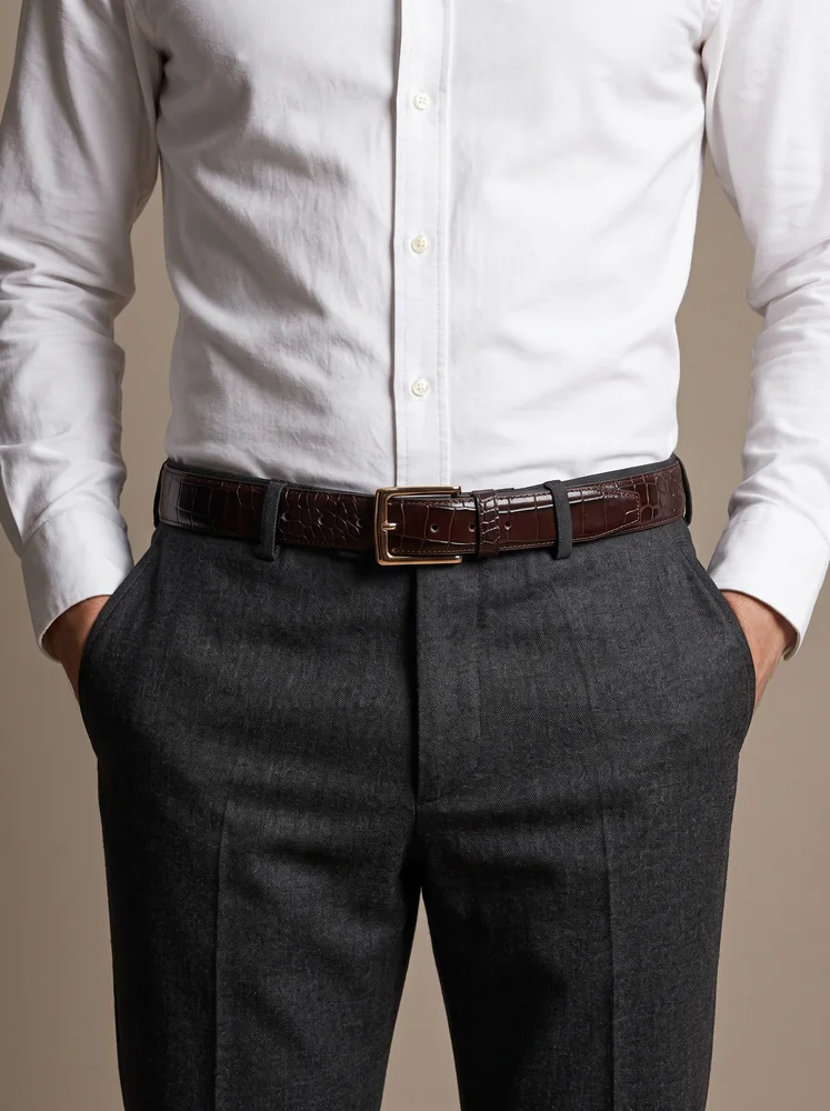 Men's Crocodile Embossed Leather Belt – Gold Buckle (Image 3)