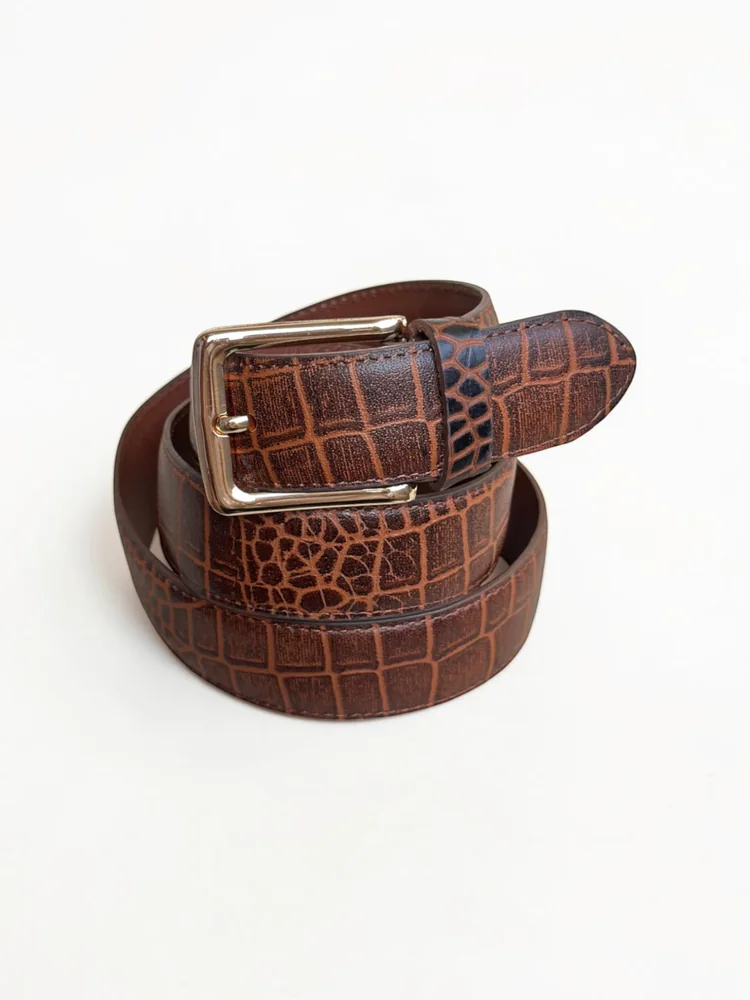 Men's Crocodile Embossed Leather Belt – Gold Buckle (Image 12)