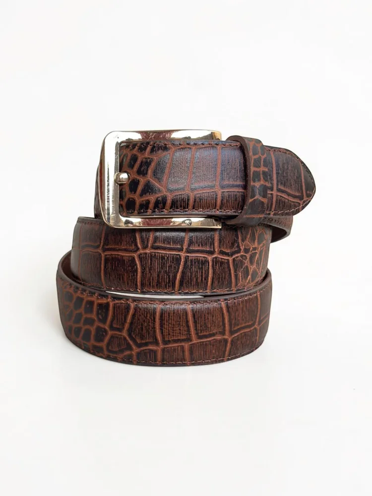 Men's Crocodile Embossed Leather Belt – Gold Buckle (Image 7)