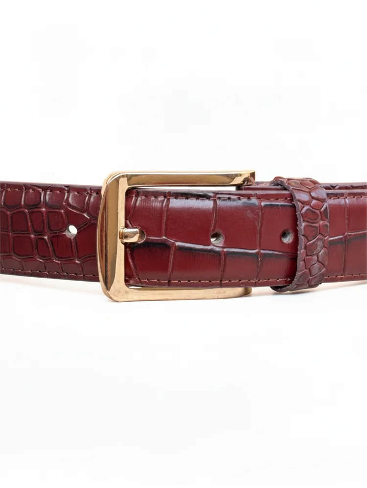 Men's Crocodile Embossed Leather Belt – Gold Buckle (Image 10)
