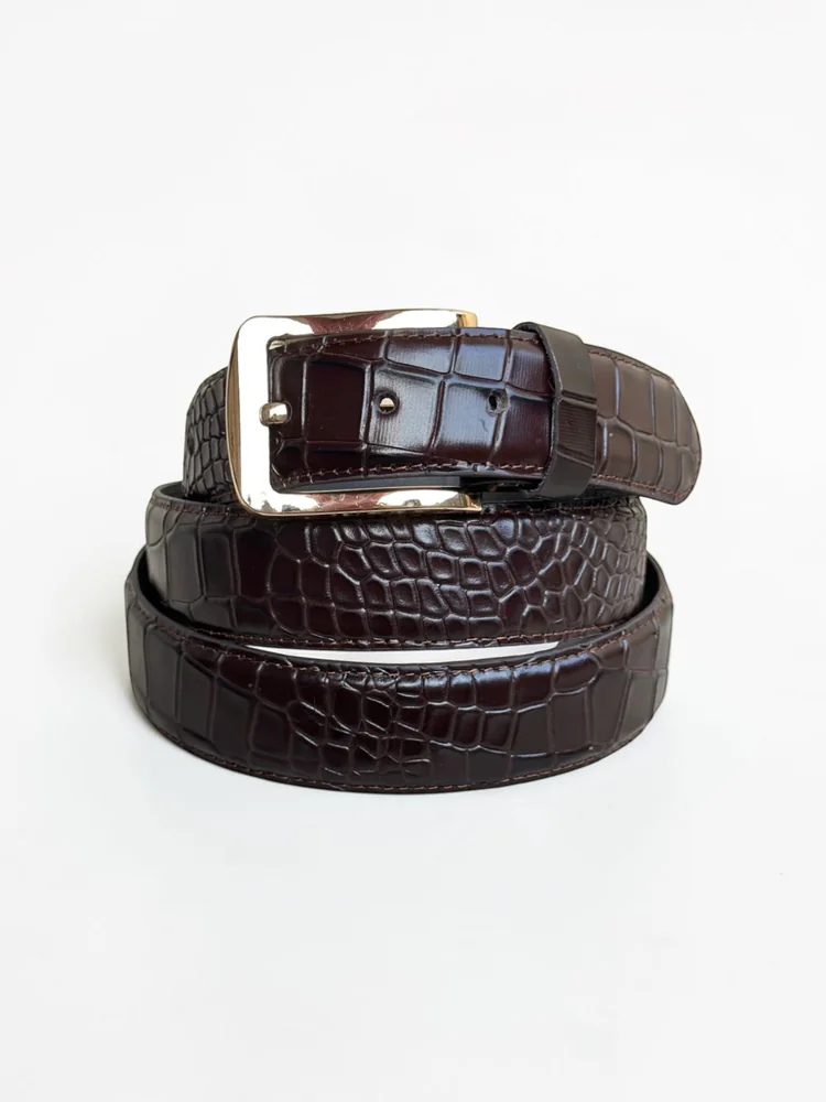 Men's Crocodile Embossed Leather Belt – Gold Buckle (Image 13)