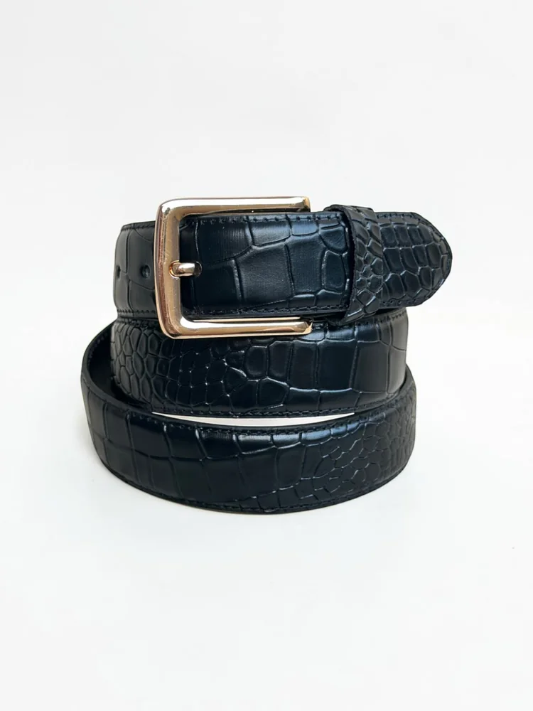 Men's Crocodile Embossed Leather Belt – Gold Buckle (Image 6)