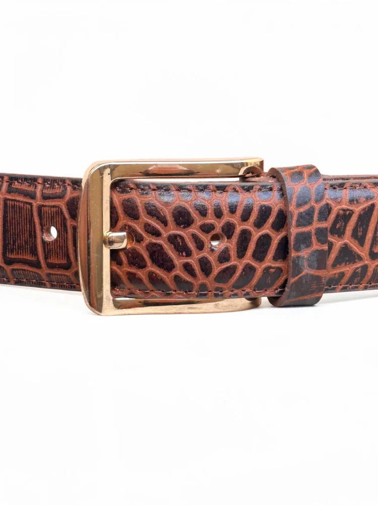 Men's Crocodile Embossed Leather Belt – Gold Buckle (Image 6)