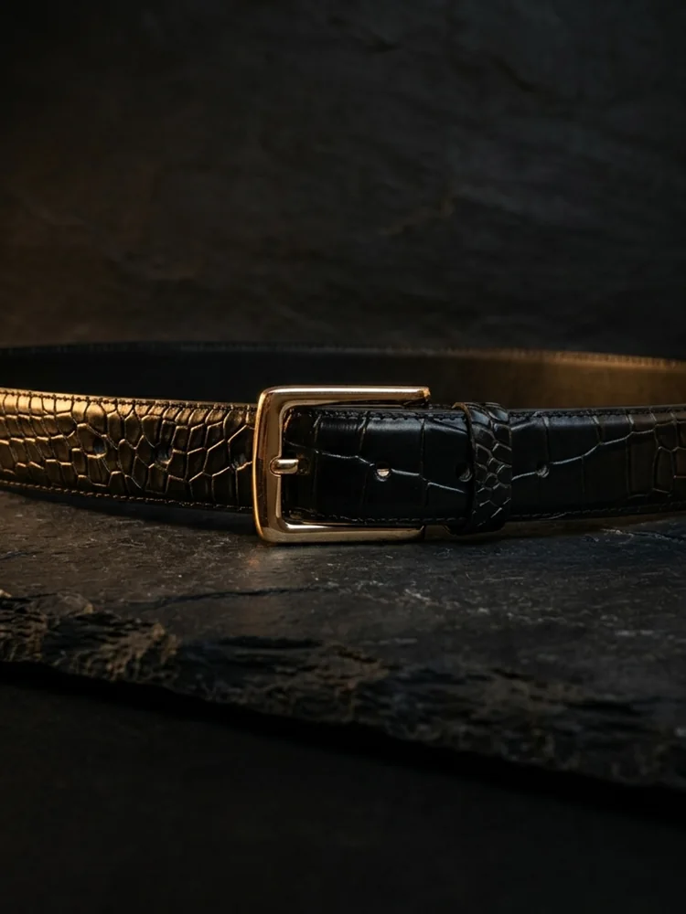Men's Crocodile Embossed Leather Belt – Gold Buckle
