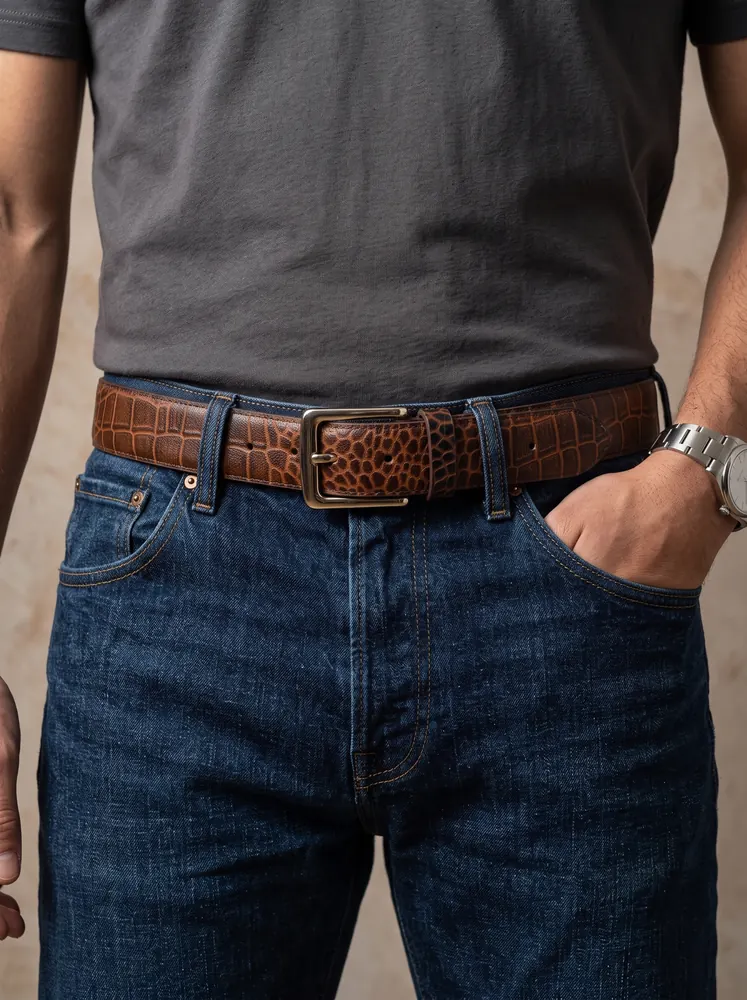 Men's Crocodile Embossed Leather Belt – Gold Buckle (Image 3)
