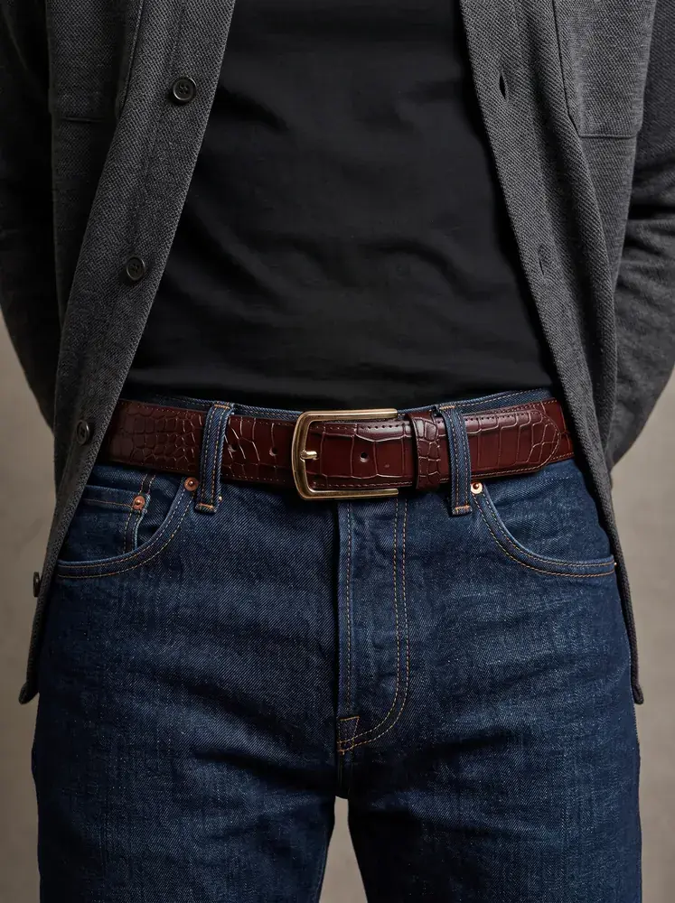Men's Crocodile Embossed Leather Belt – Gold Buckle (Image 2)