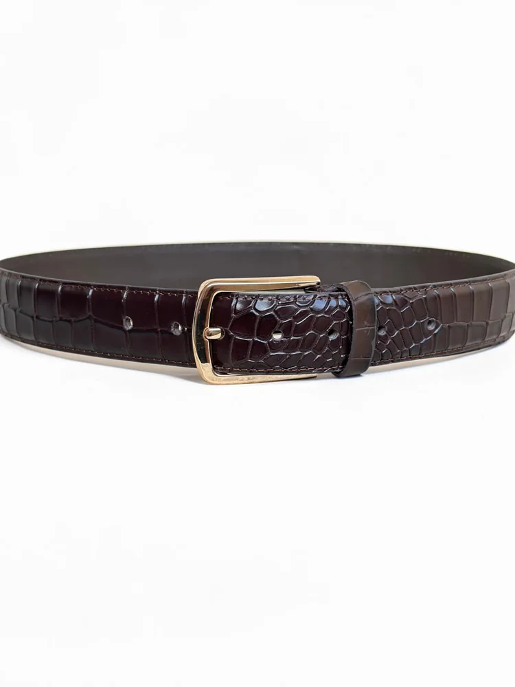 Men's Crocodile Embossed Leather Belt – Gold Buckle (Image 15)