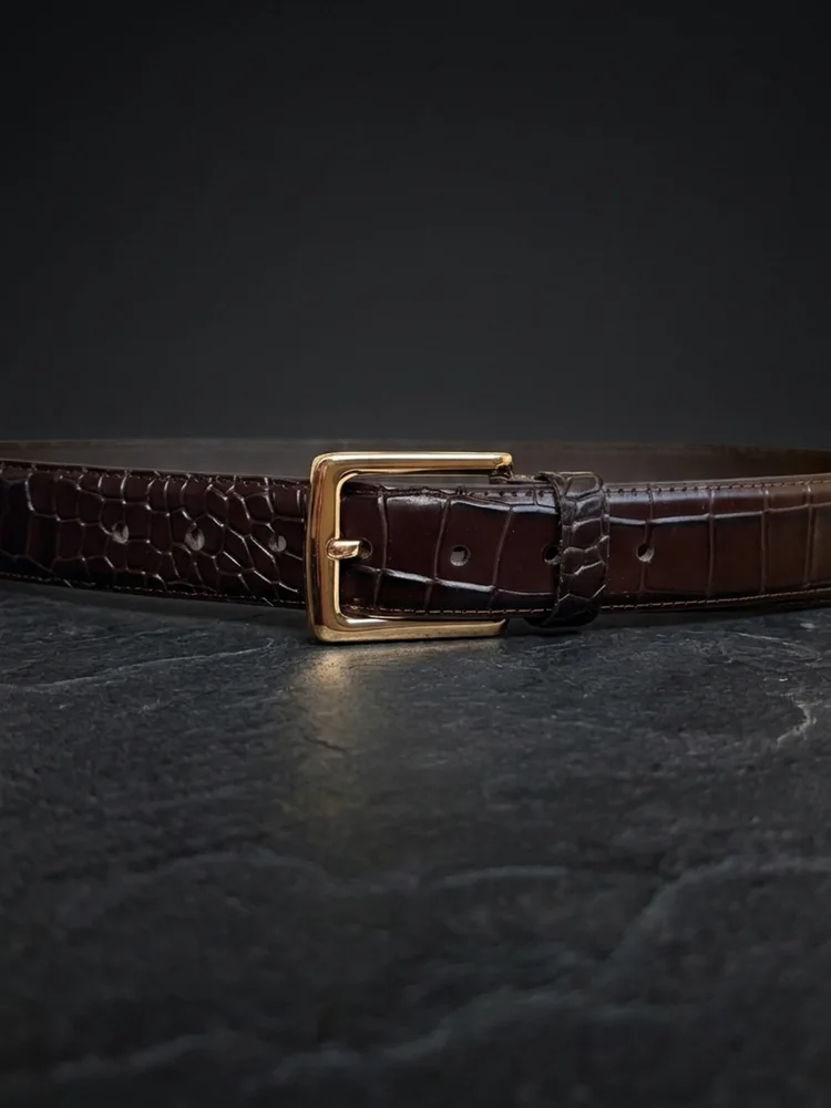 Men's Crocodile Embossed Leather Belt – Gold Buckle