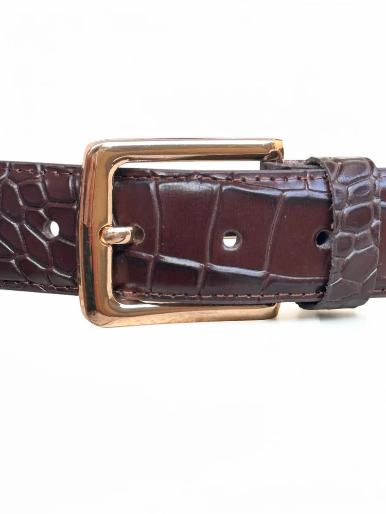 Men's Crocodile Embossed Leather Belt – Gold Buckle (Image 8)