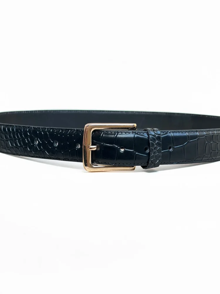 Men's Crocodile Embossed Leather Belt – Gold Buckle (Image 4)