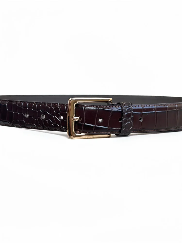 Men's Crocodile Embossed Leather Belt – Gold Buckle (Image 7)